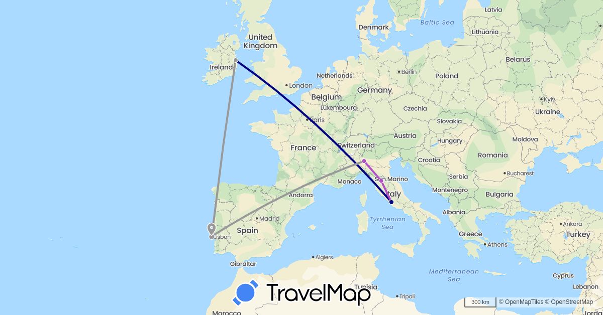 TravelMap itinerary: driving, plane, train in Ireland, Italy, Portugal (Europe)